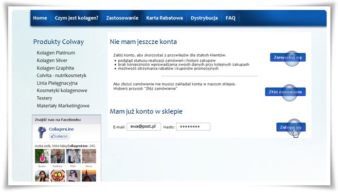 Centrum Kolagenu - instrukcja kupowania - personalizacja zamówienia, logowanie lub rejestracja.